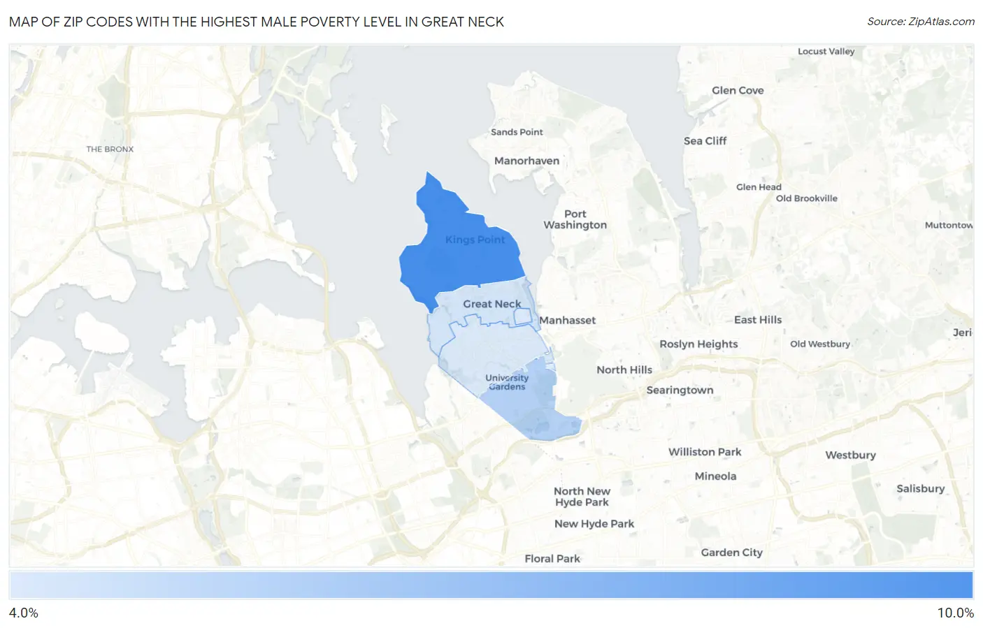 Zip Codes with the Highest Male Poverty Level in Great Neck Map