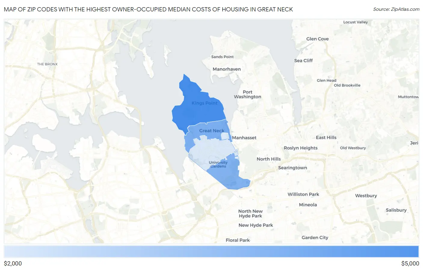 Zip Codes with the Highest Owner-Occupied Median Costs of Housing in Great Neck Map