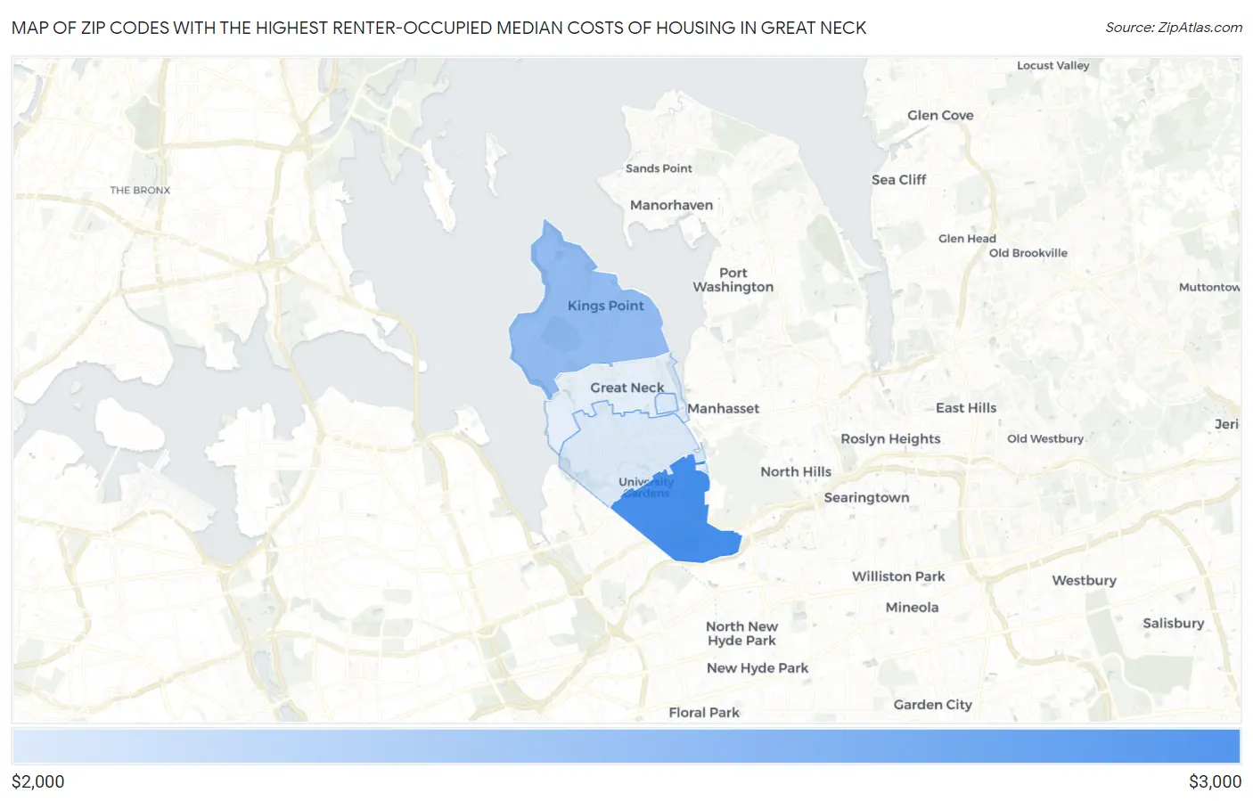 Zip Codes with the Highest Renter-Occupied Median Costs of Housing in Great Neck Map