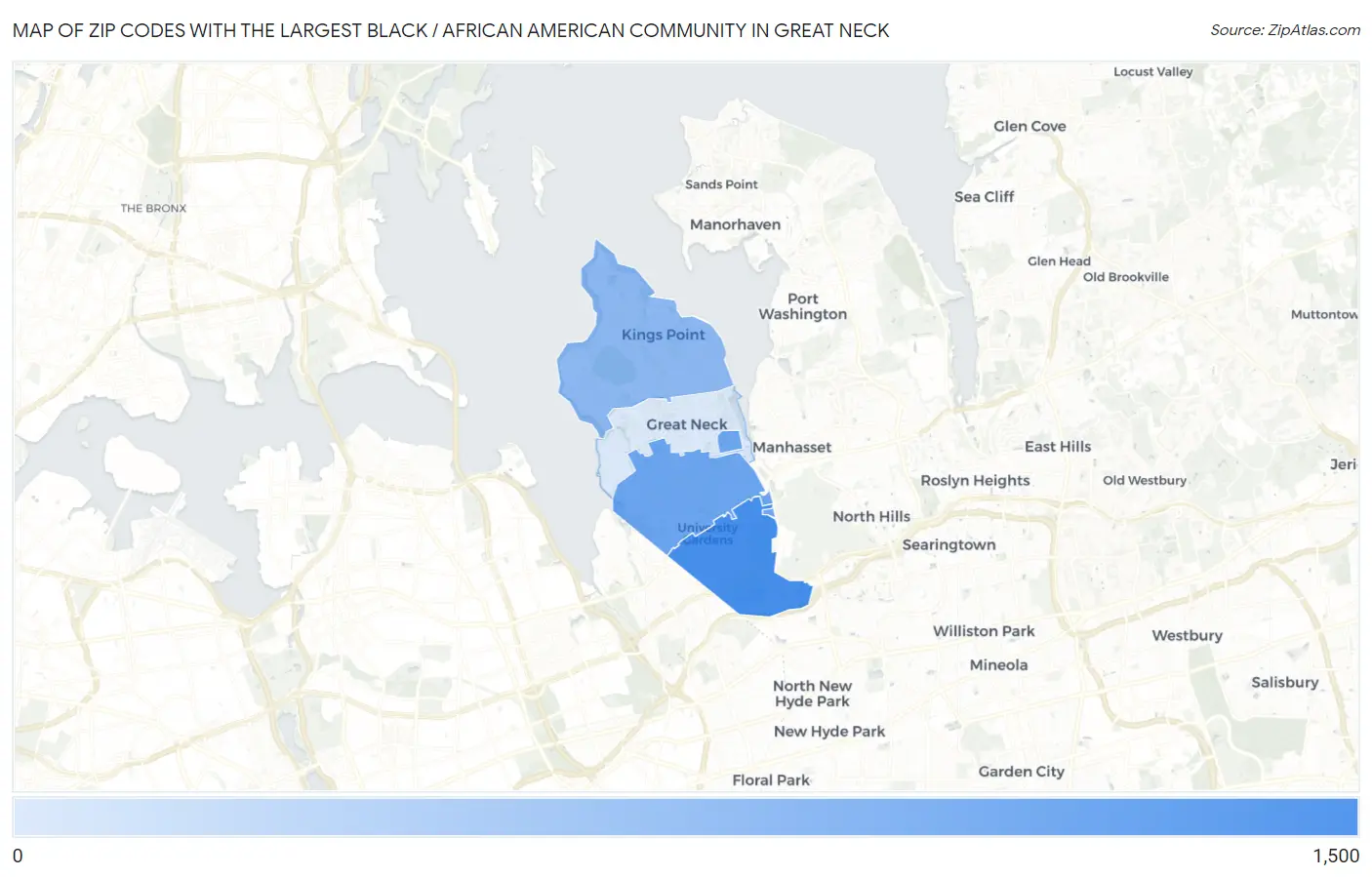 Zip Codes with the Largest Black / African American Community in Great Neck Map