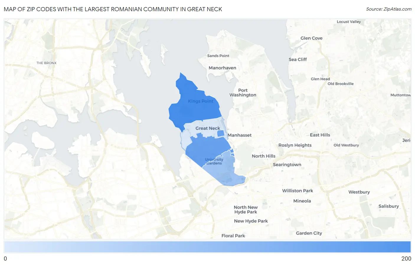 Zip Codes with the Largest Romanian Community in Great Neck Map