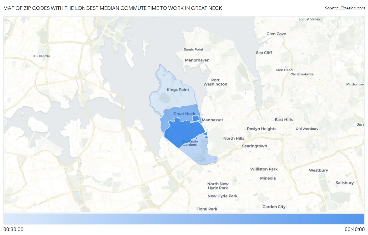 Zip Codes with the Longest Median Commute Time to Work in Great Neck Map