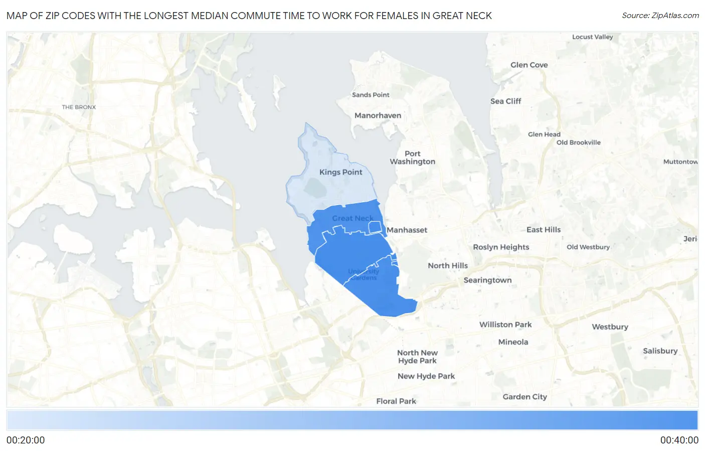 Zip Codes with the Longest Median Commute Time to Work for Females in Great Neck Map