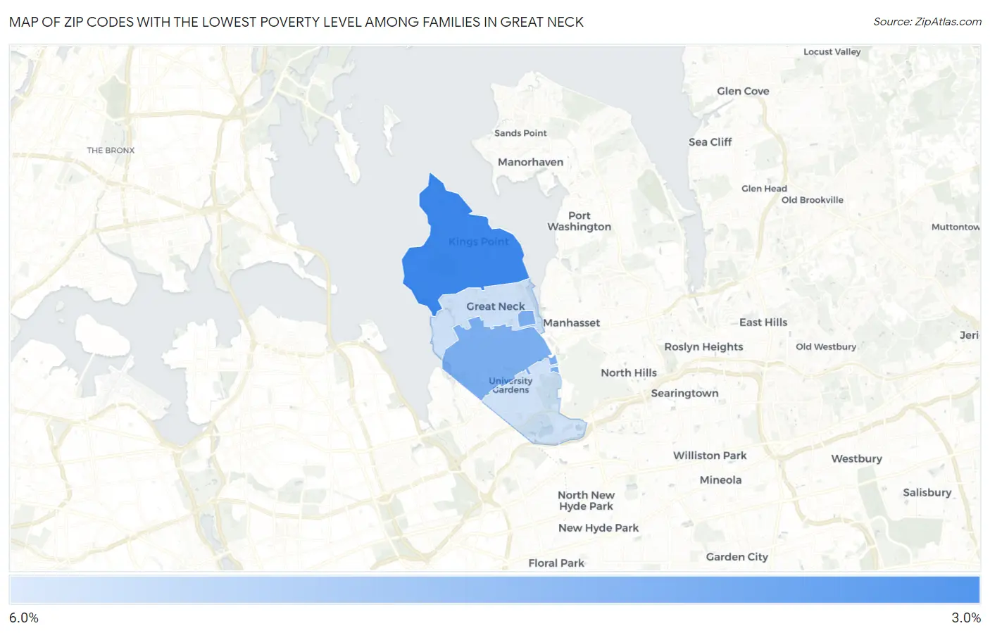 Zip Codes with the Lowest Poverty Level Among Families in Great Neck Map