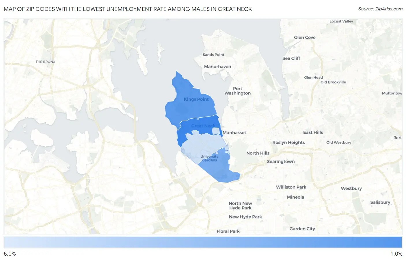 Zip Codes with the Lowest Unemployment Rate Among Males in Great Neck Map