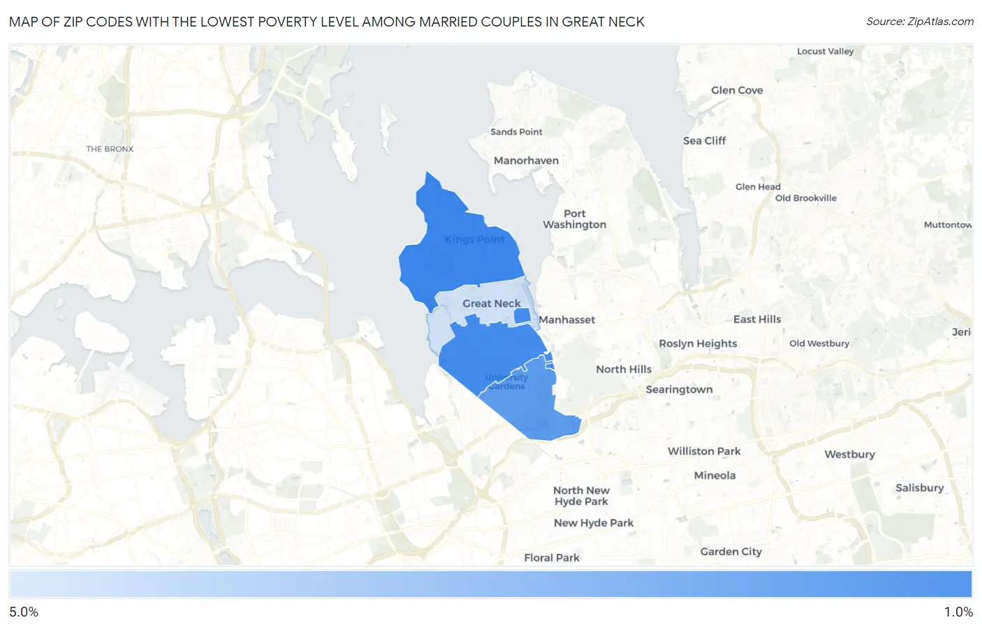 Zip Codes with the Lowest Poverty Level Among Married Couples in Great Neck Map