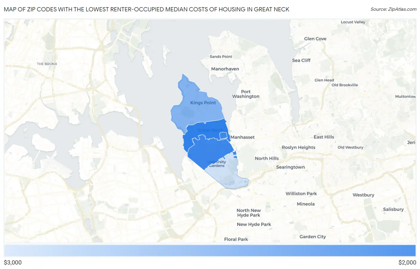 Zip Codes with the Lowest Renter-Occupied Median Costs of Housing in Great Neck Map