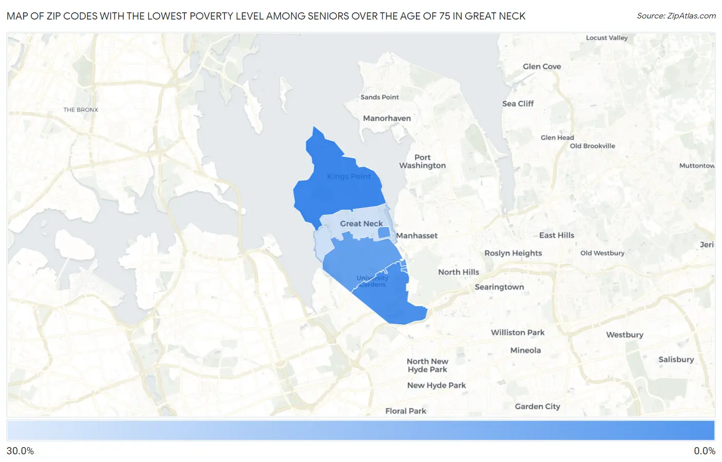 Zip Codes with the Lowest Poverty Level Among Seniors Over the Age of 75 in Great Neck Map