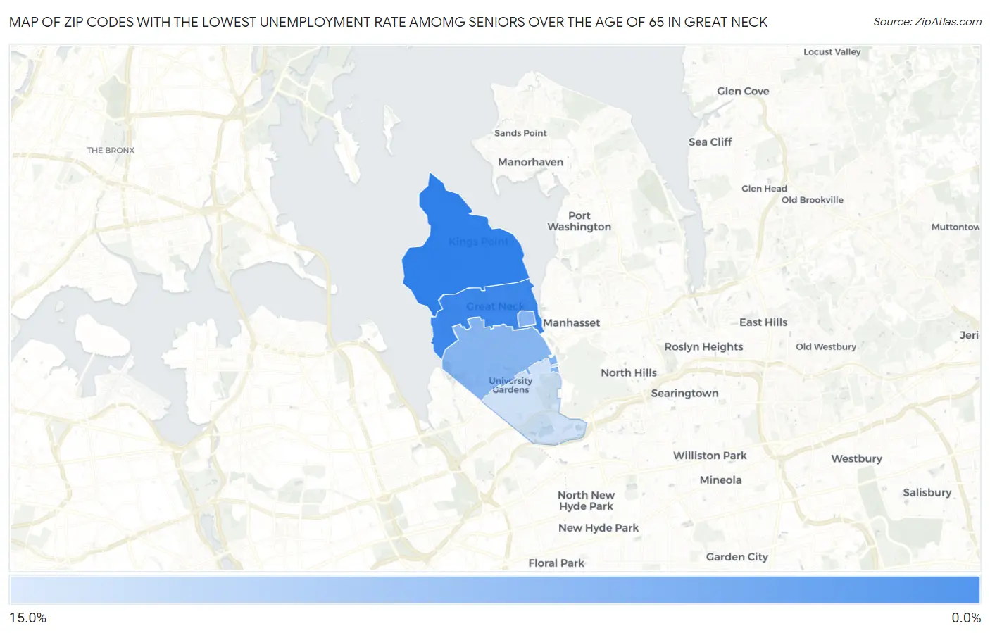 Zip Codes with the Lowest Unemployment Rate Amomg Seniors Over the Age of 65 in Great Neck Map