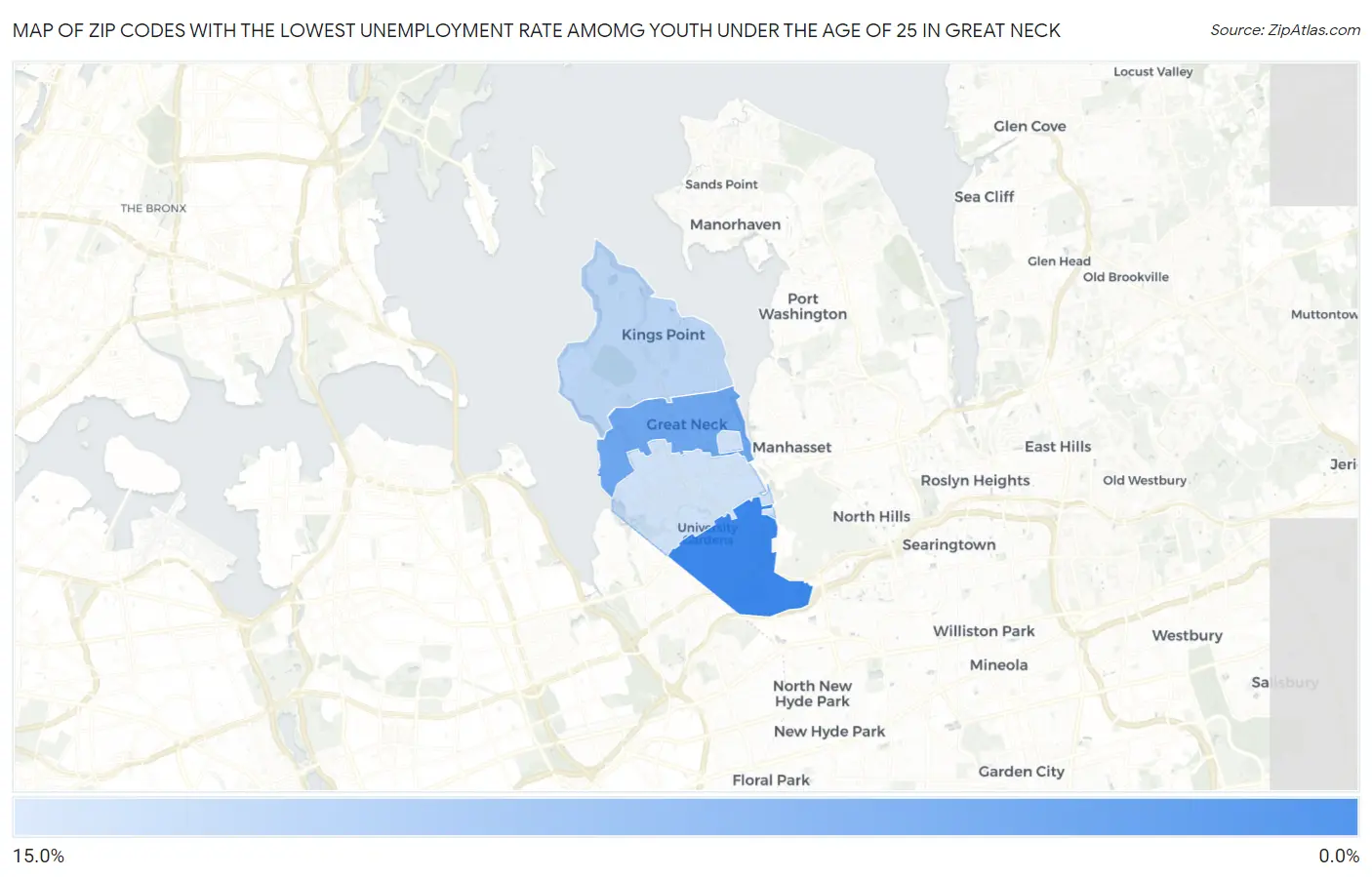Zip Codes with the Lowest Unemployment Rate Amomg Youth Under the Age of 25 in Great Neck Map