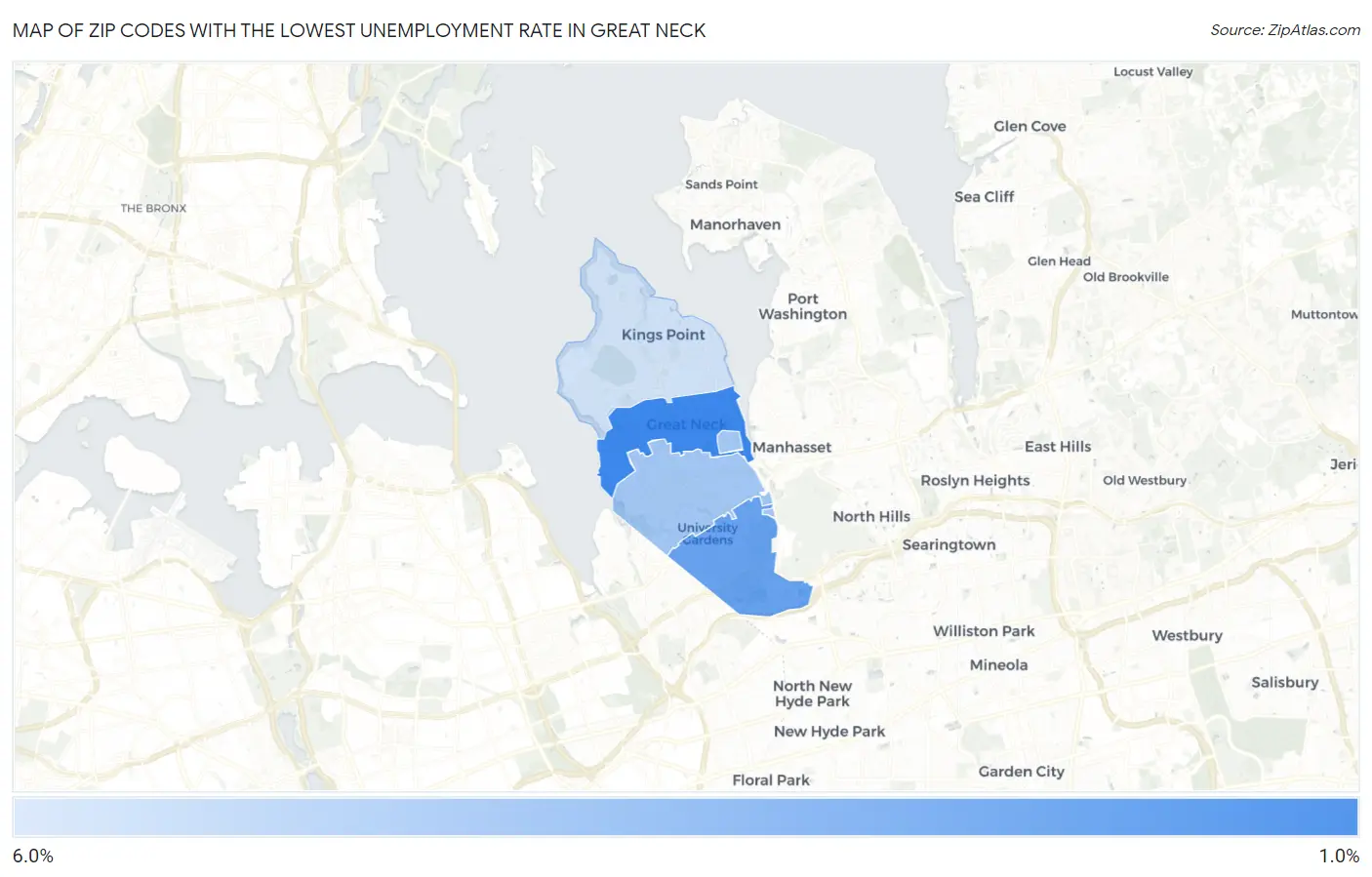 Zip Codes with the Lowest Unemployment Rate in Great Neck Map