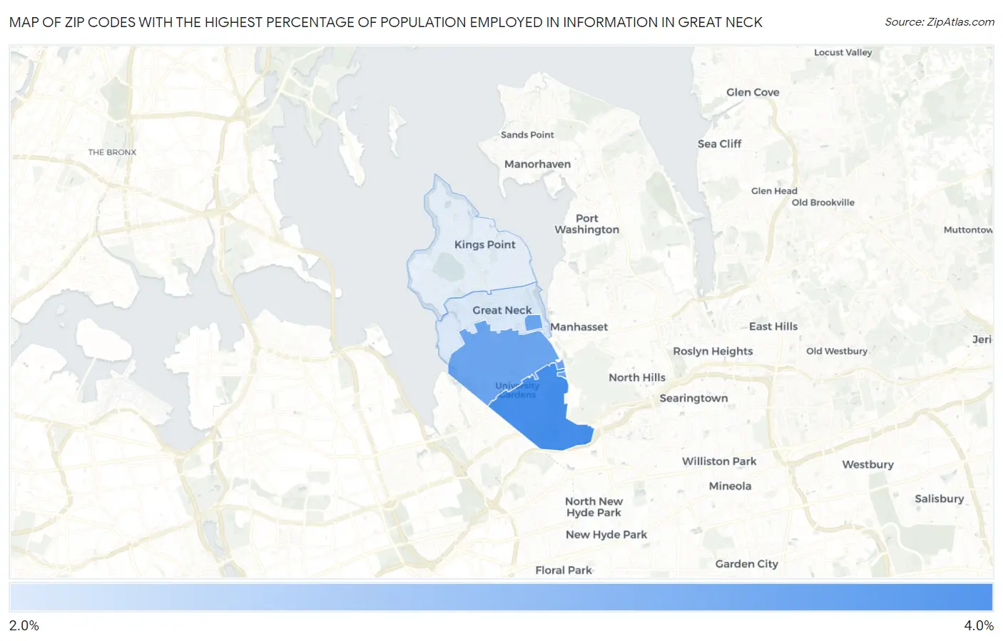 Zip Codes with the Highest Percentage of Population Employed in Information in Great Neck Map