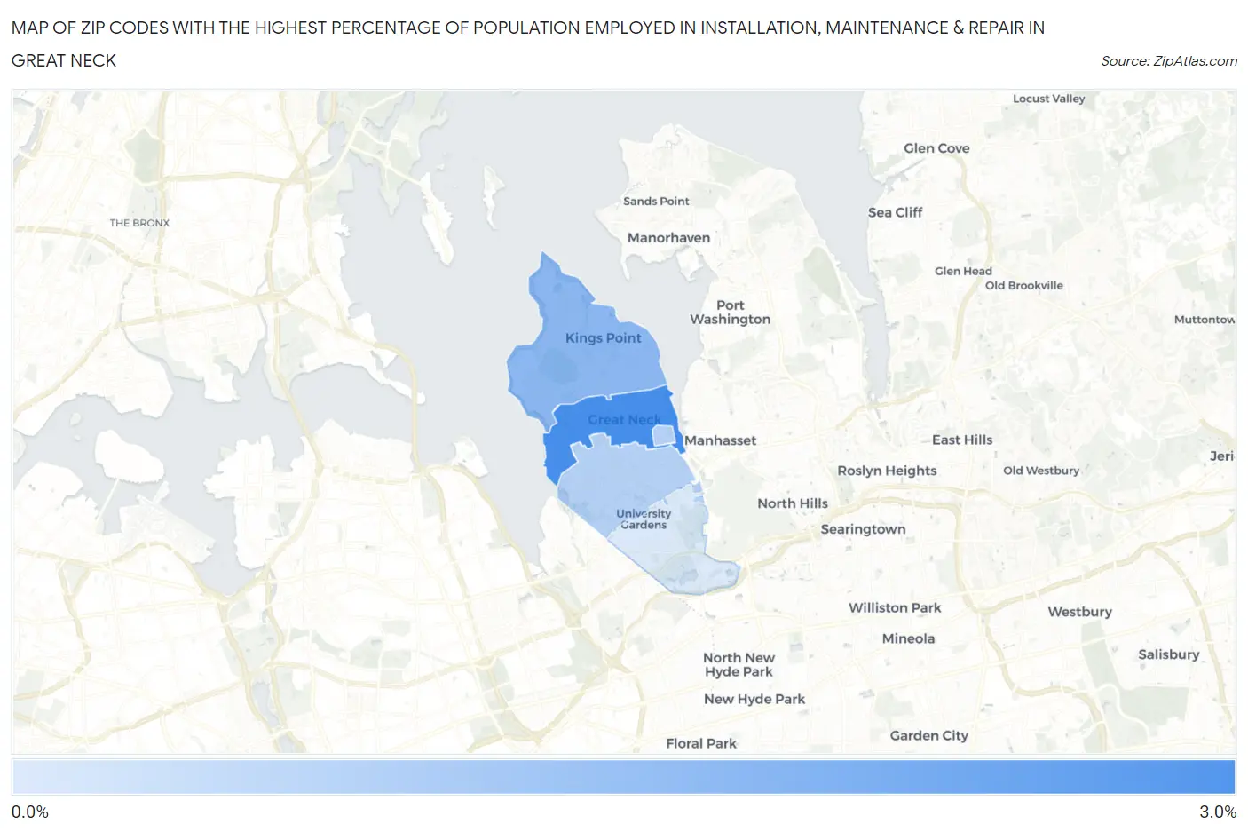 Zip Codes with the Highest Percentage of Population Employed in Installation, Maintenance & Repair in Great Neck Map