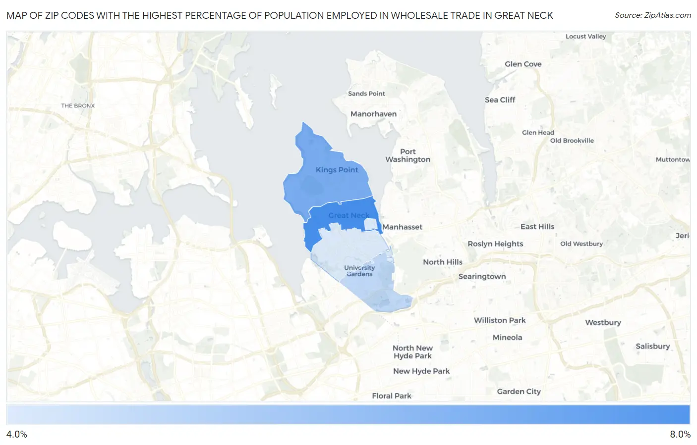 Zip Codes with the Highest Percentage of Population Employed in Wholesale Trade in Great Neck Map