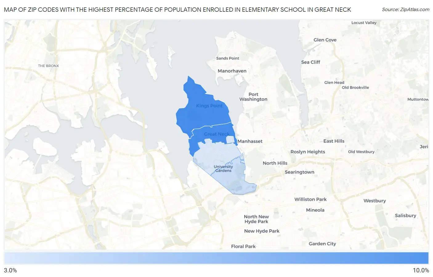 Zip Codes with the Highest Percentage of Population Enrolled in Elementary School in Great Neck Map