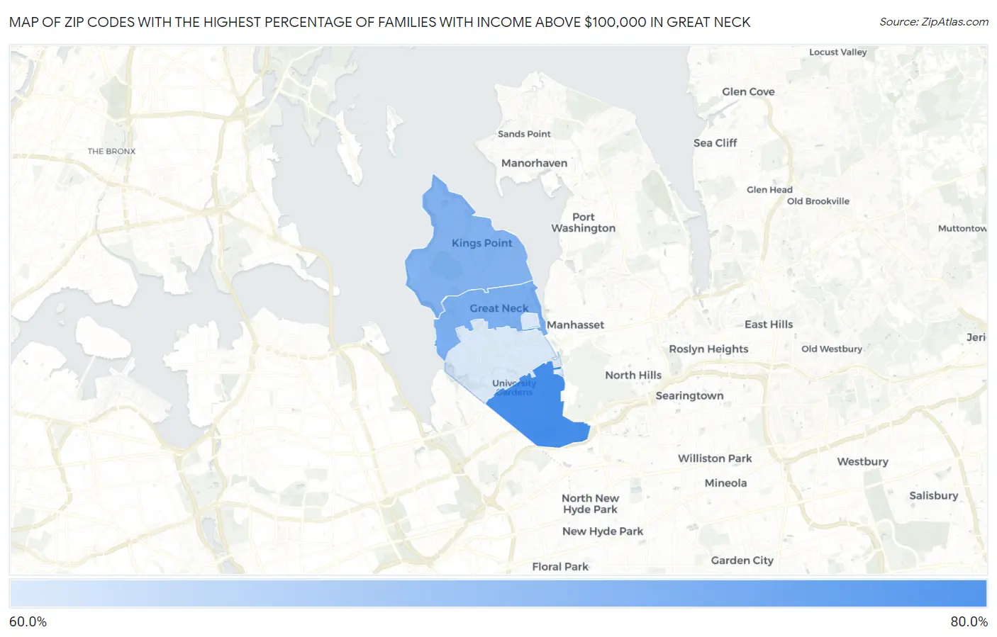 Zip Codes with the Highest Percentage of Families with Income Above $100,000 in Great Neck Map