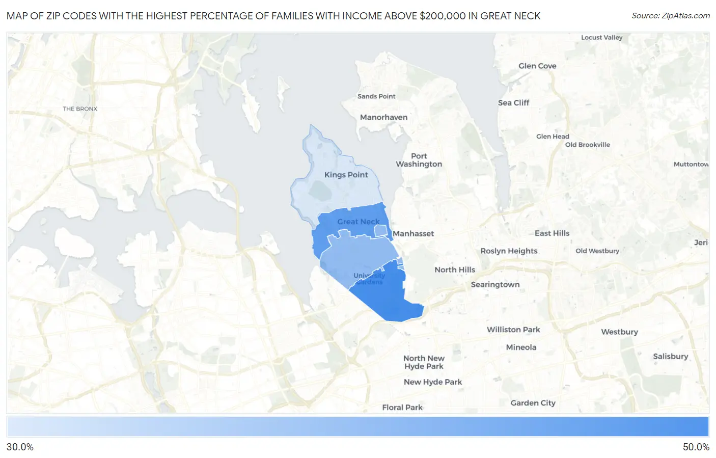 Zip Codes with the Highest Percentage of Families with Income Above $200,000 in Great Neck Map