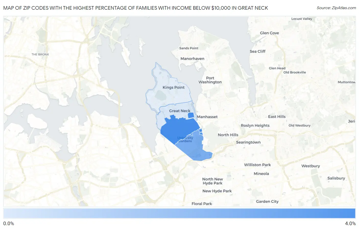 Zip Codes with the Highest Percentage of Families with Income Below $10,000 in Great Neck Map