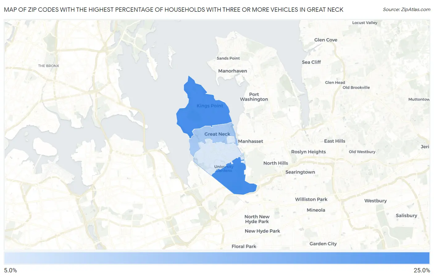 Zip Codes with the Highest Percentage of Households With Three or more Vehicles in Great Neck Map