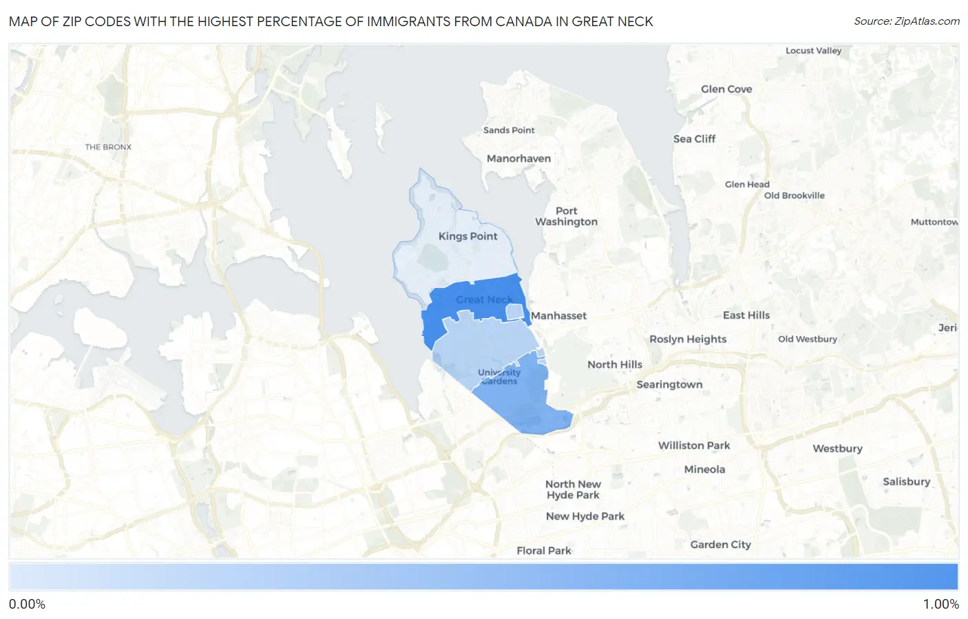 Zip Codes with the Highest Percentage of Immigrants from Canada in Great Neck Map