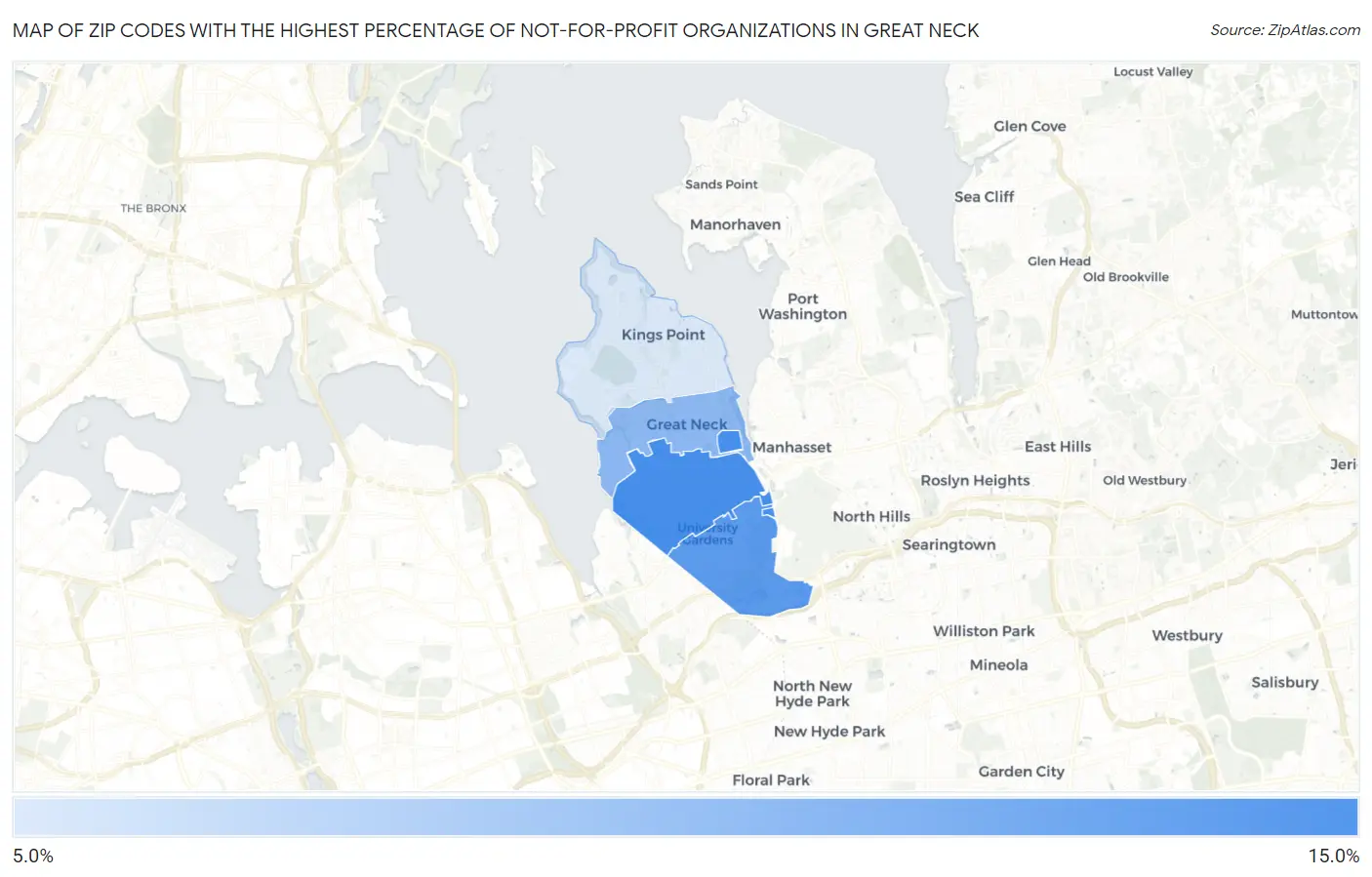 Zip Codes with the Highest Percentage of Not-for-profit Organizations in Great Neck Map