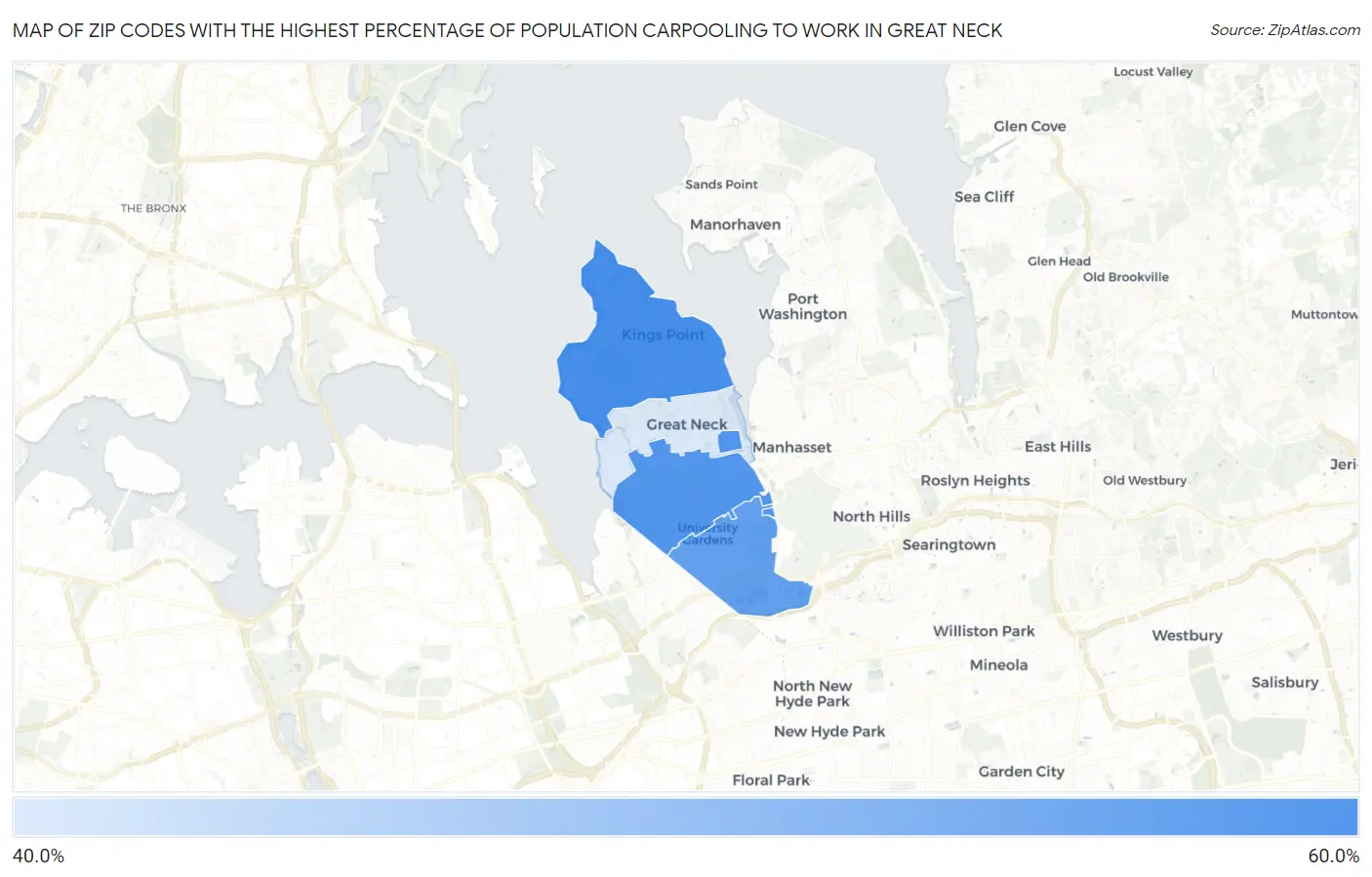 Zip Codes with the Highest Percentage of Population Carpooling to Work in Great Neck Map