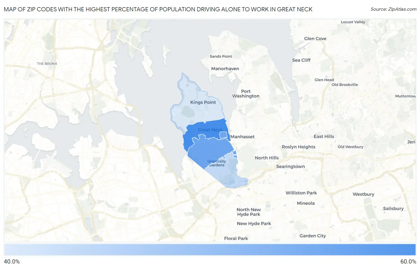 Zip Codes with the Highest Percentage of Population Driving Alone to Work in Great Neck Map