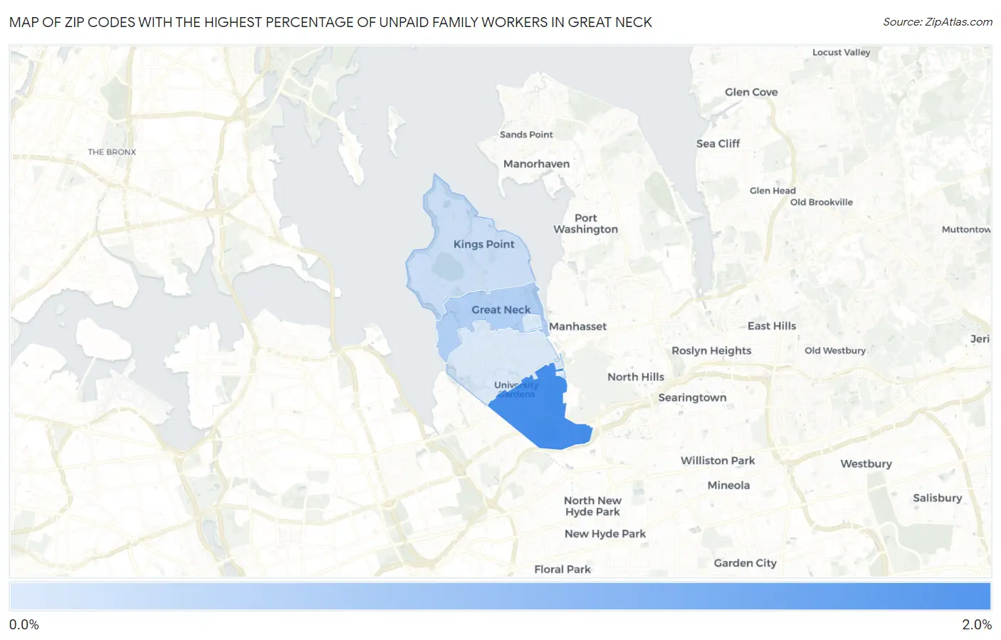 Zip Codes with the Highest Percentage of Unpaid Family Workers in Great Neck Map