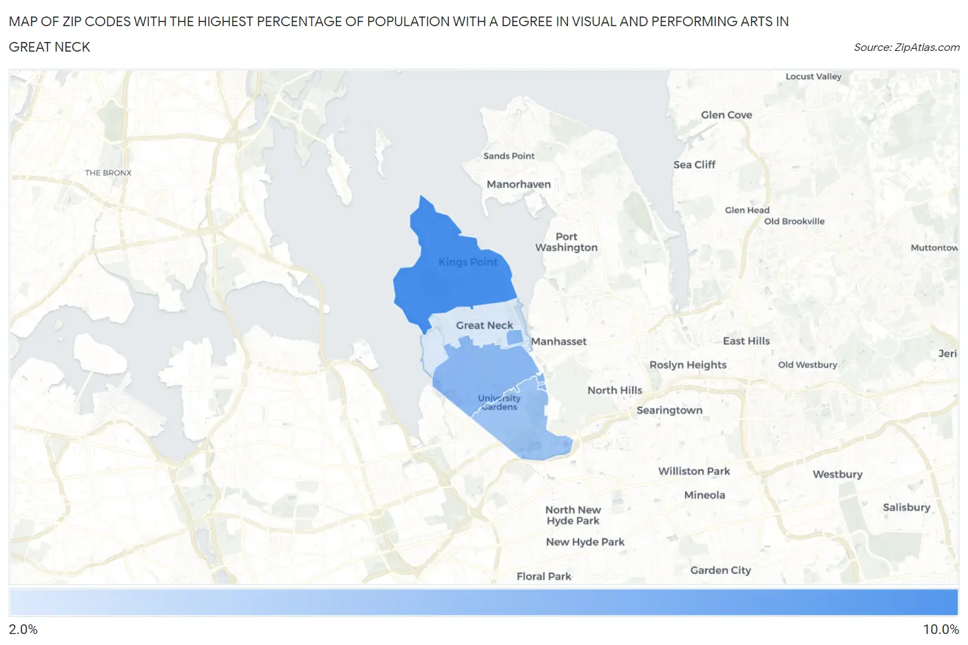 Zip Codes with the Highest Percentage of Population with a Degree in Visual and Performing Arts in Great Neck Map
