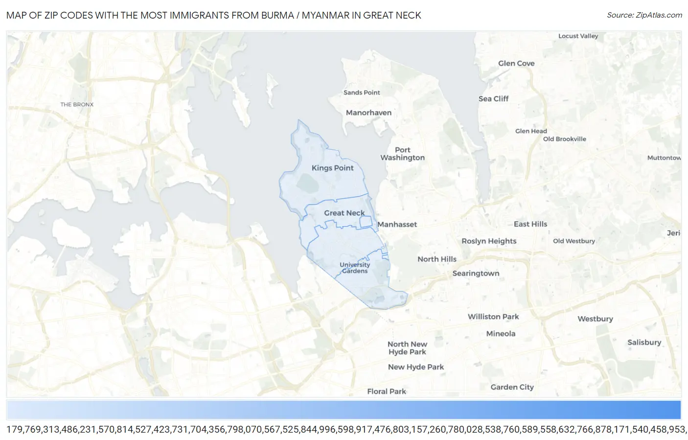 Zip Codes with the Most Immigrants from Burma / Myanmar in Great Neck Map
