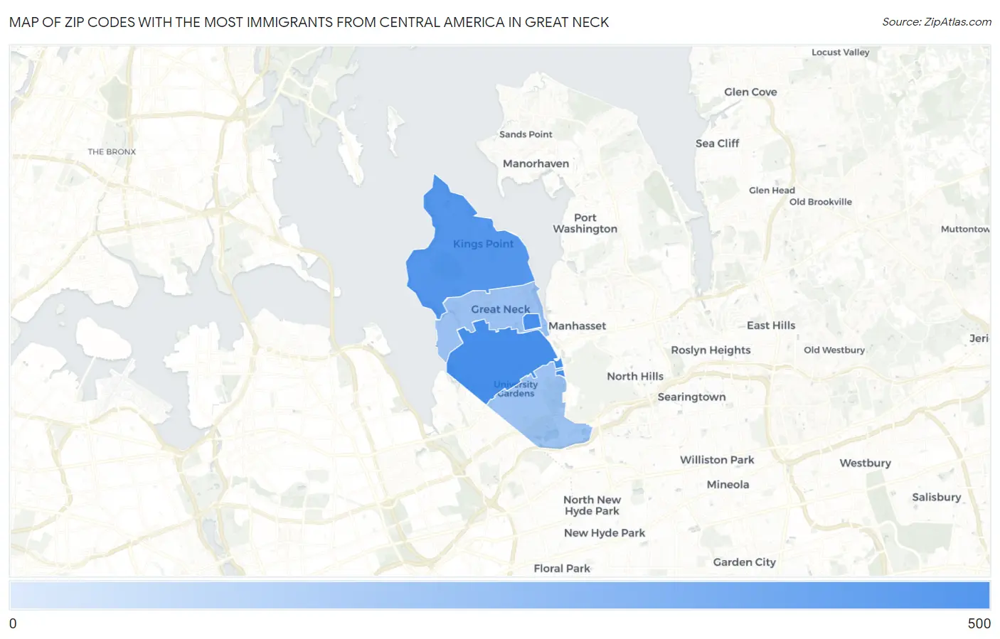 Zip Codes with the Most Immigrants from Central America in Great Neck Map