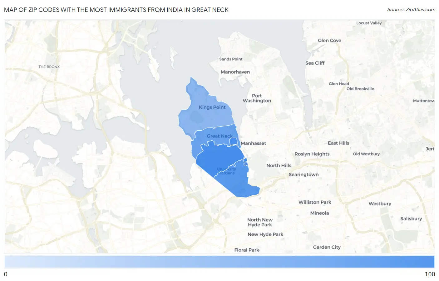 Zip Codes with the Most Immigrants from India in Great Neck Map