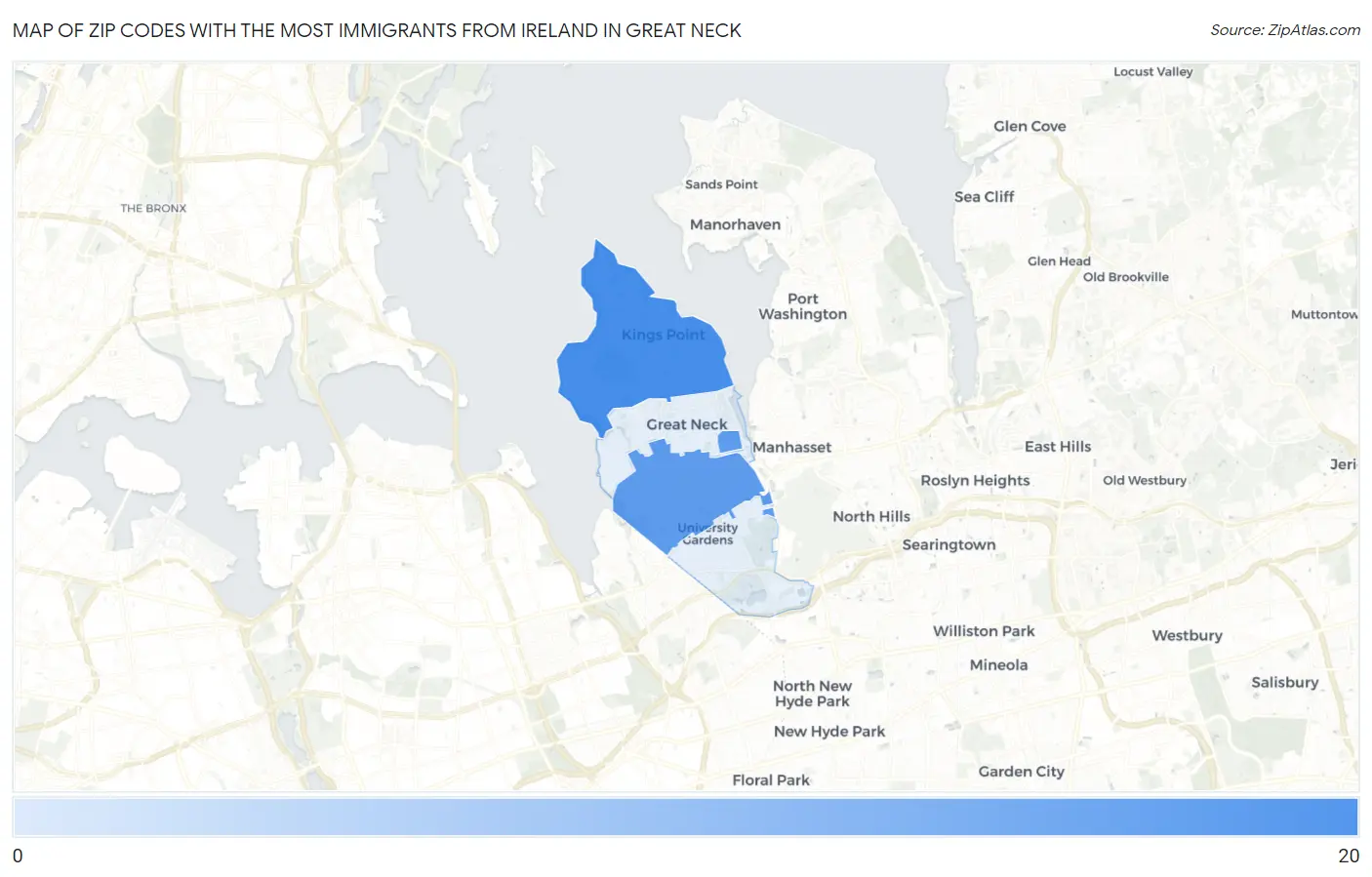 Zip Codes with the Most Immigrants from Ireland in Great Neck Map