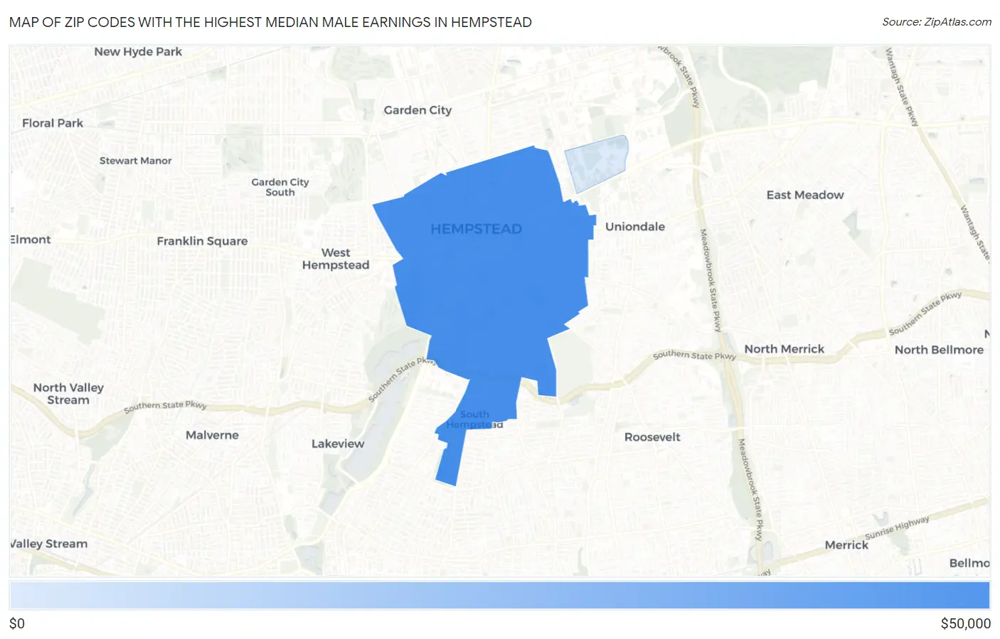 Zip Codes with the Highest Median Male Earnings in Hempstead Map