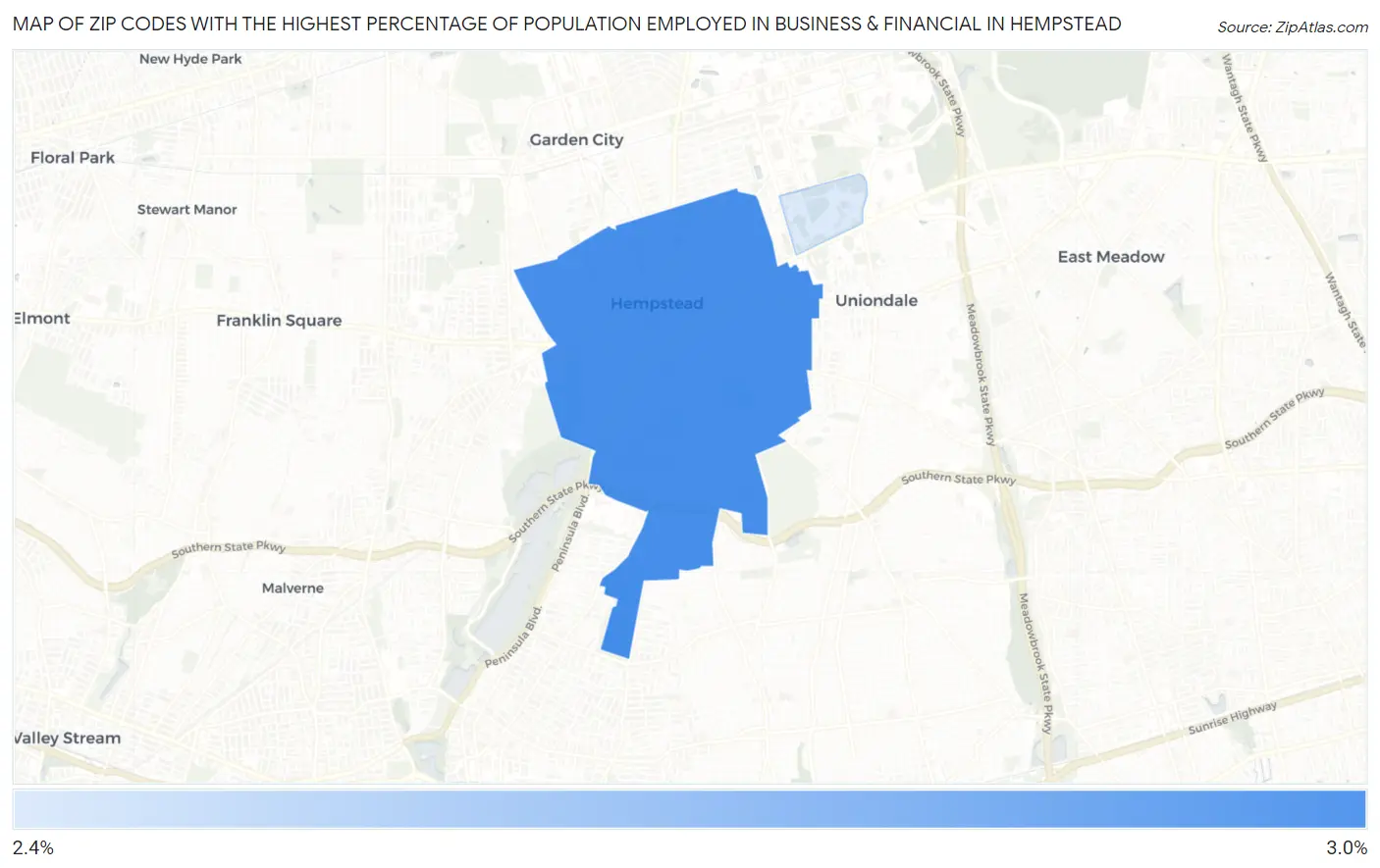 Zip Codes with the Highest Percentage of Population Employed in Business & Financial in Hempstead Map