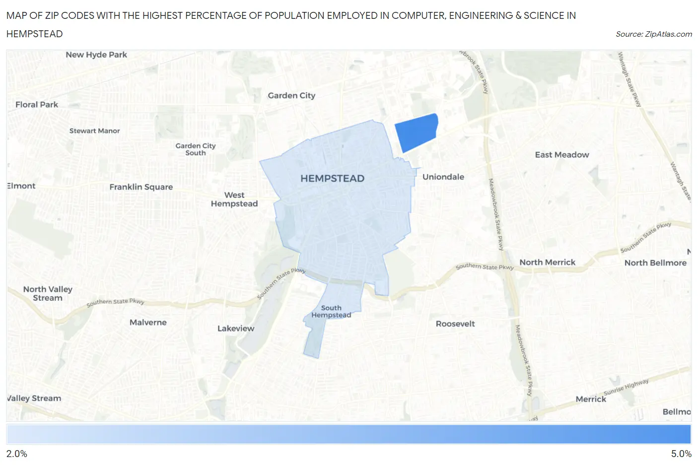 Zip Codes with the Highest Percentage of Population Employed in Computer, Engineering & Science in Hempstead Map