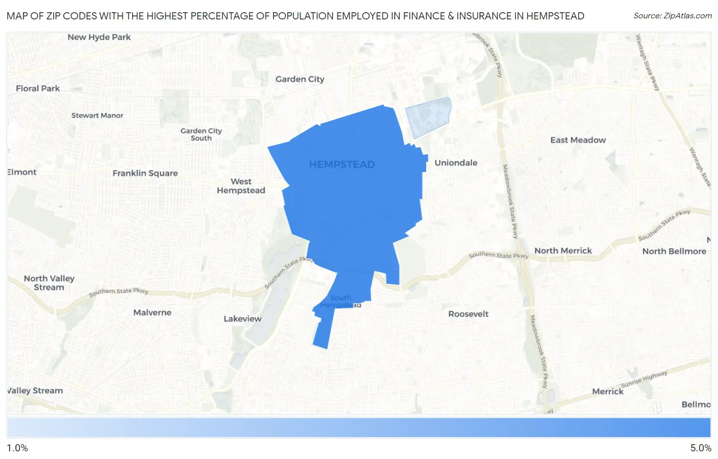 Zip Codes with the Highest Percentage of Population Employed in Finance & Insurance in Hempstead Map