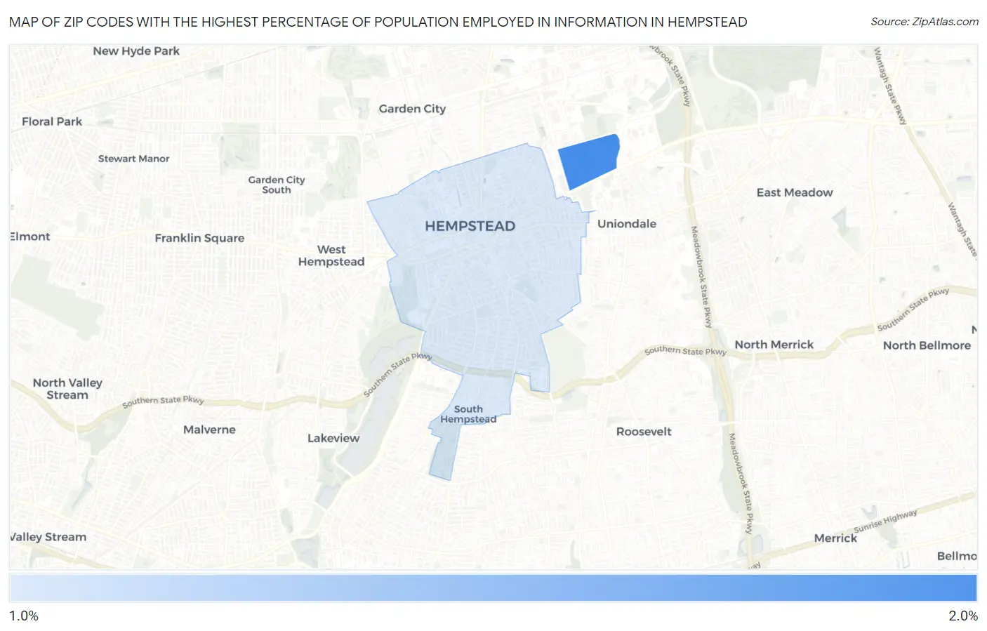 Zip Codes with the Highest Percentage of Population Employed in Information in Hempstead Map