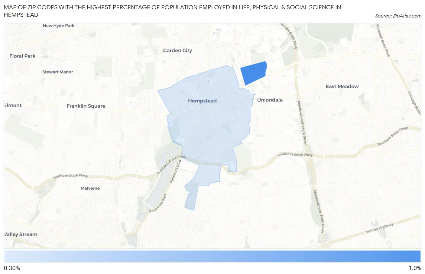 Zip Codes with the Highest Percentage of Population Employed in Life, Physical & Social Science in Hempstead Map