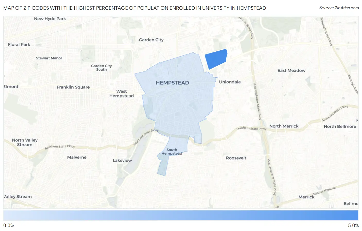 Zip Codes with the Highest Percentage of Population Enrolled in University in Hempstead Map