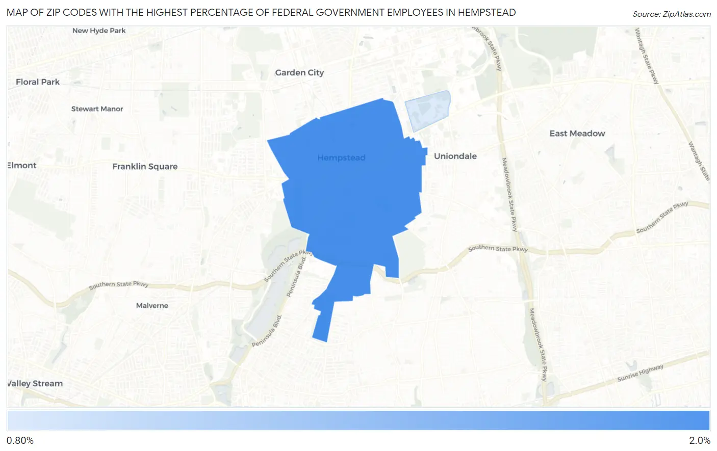 Zip Codes with the Highest Percentage of Federal Government Employees in Hempstead Map