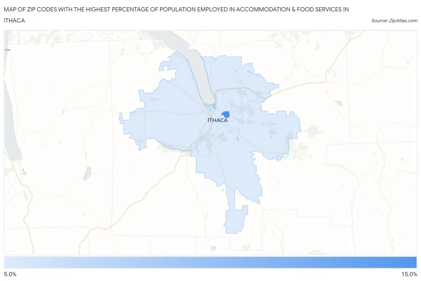 Zip Codes with the Highest Percentage of Population Employed in Accommodation & Food Services in Ithaca Map