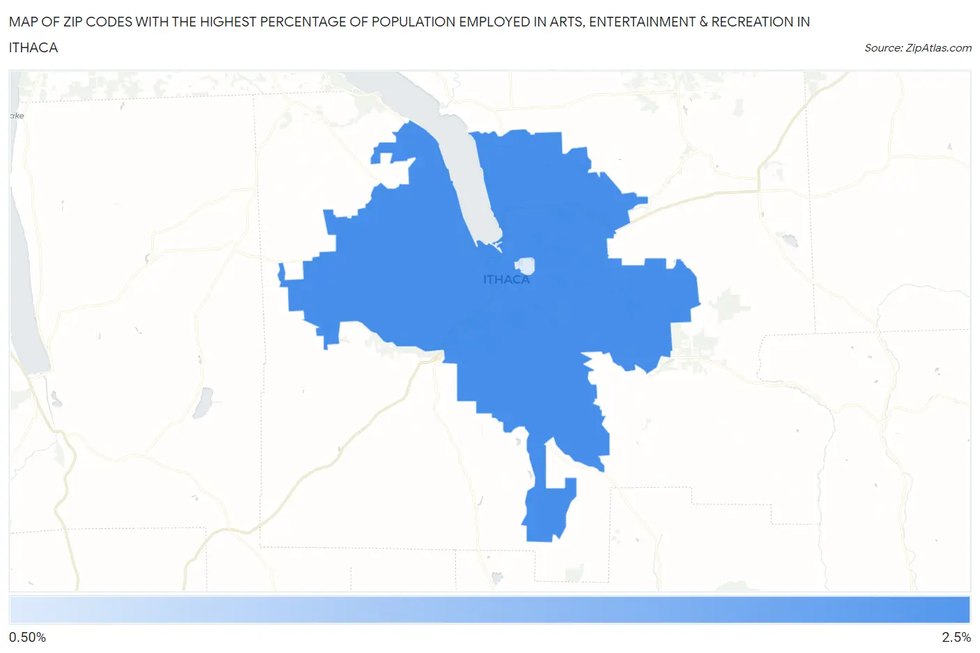 Zip Codes with the Highest Percentage of Population Employed in Arts, Entertainment & Recreation in Ithaca Map
