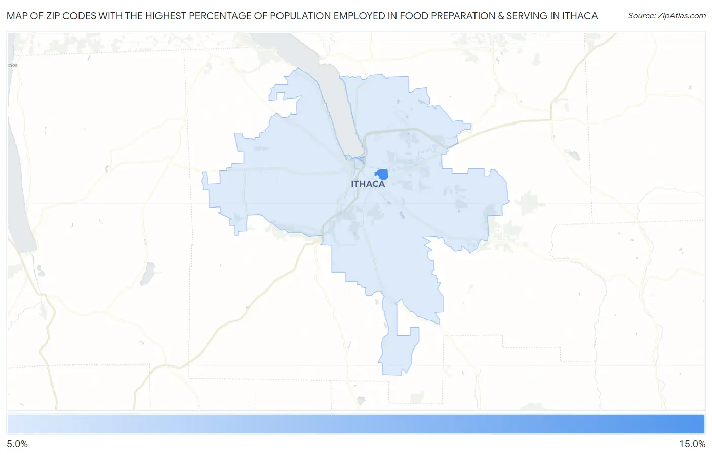 Zip Codes with the Highest Percentage of Population Employed in Food Preparation & Serving in Ithaca Map