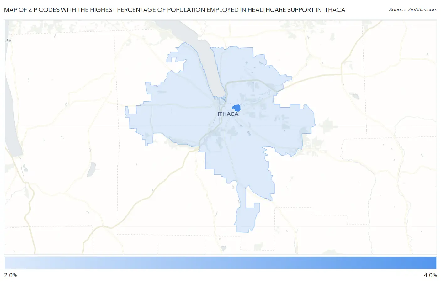 Zip Codes with the Highest Percentage of Population Employed in Healthcare Support in Ithaca Map