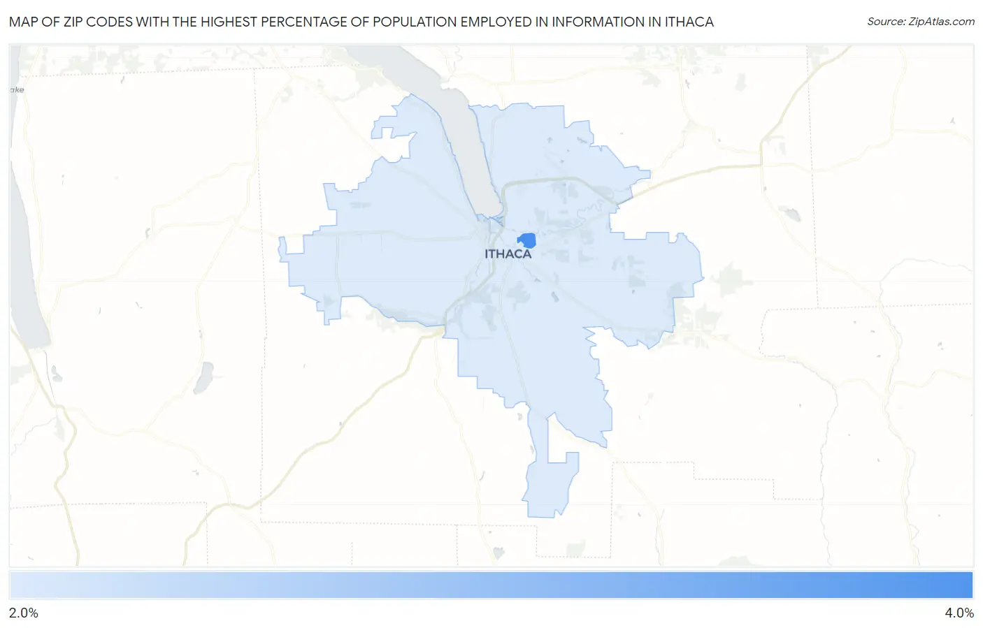 Zip Codes with the Highest Percentage of Population Employed in Information in Ithaca Map