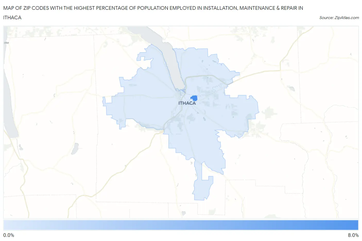 Zip Codes with the Highest Percentage of Population Employed in Installation, Maintenance & Repair in Ithaca Map