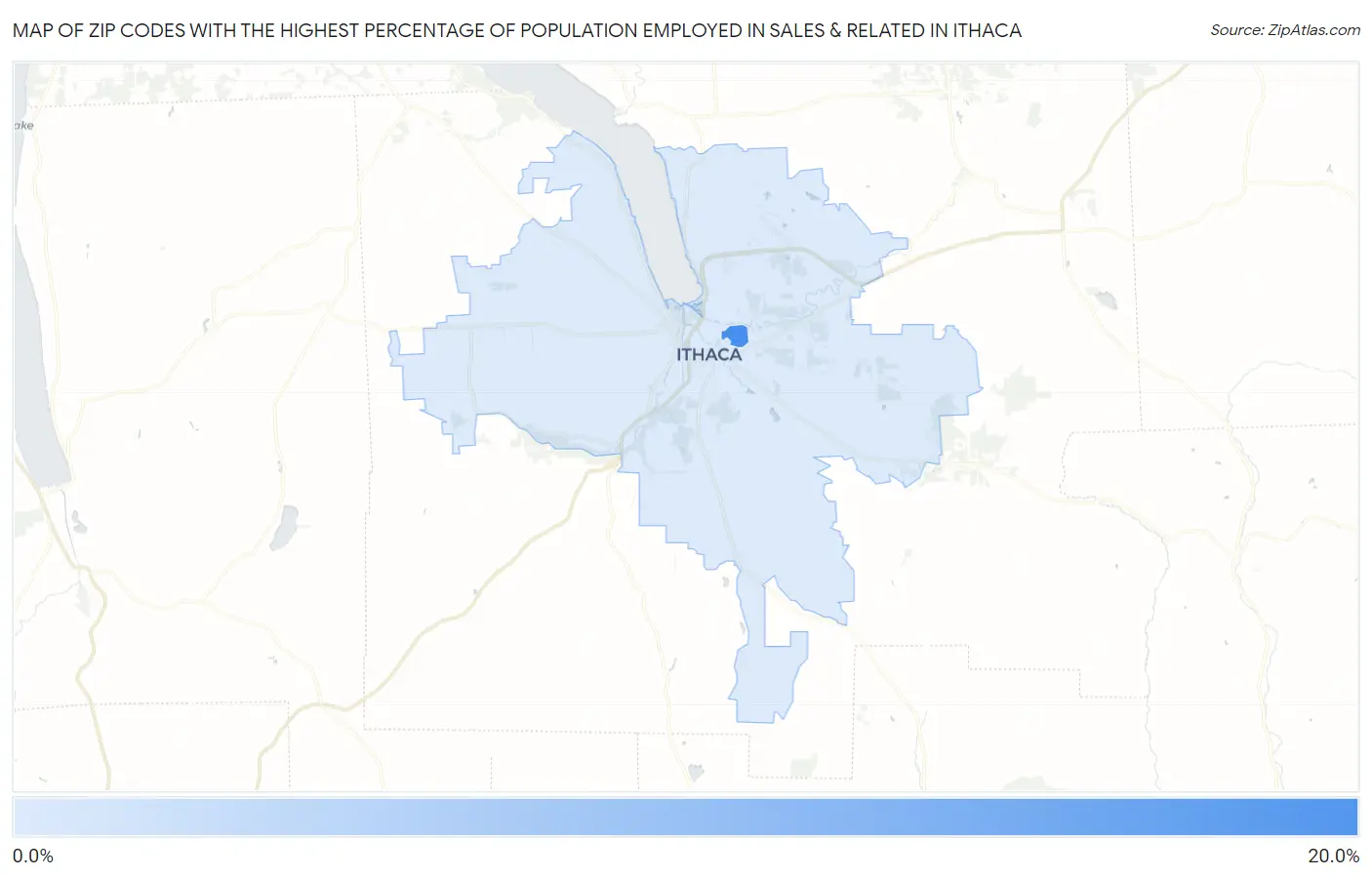 Zip Codes with the Highest Percentage of Population Employed in Sales & Related in Ithaca Map