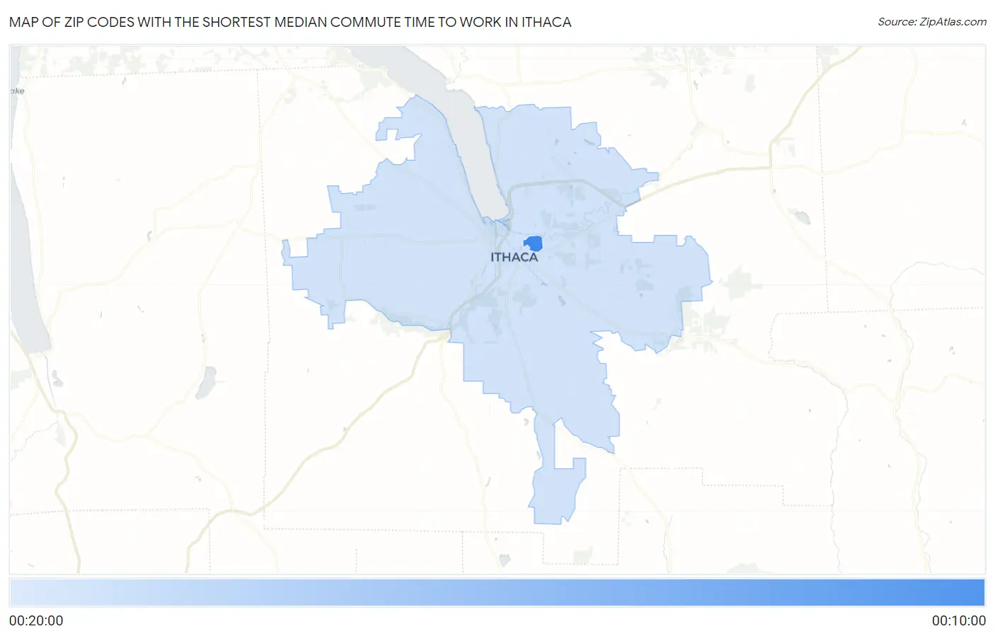 Zip Codes with the Shortest Median Commute Time to Work in Ithaca Map