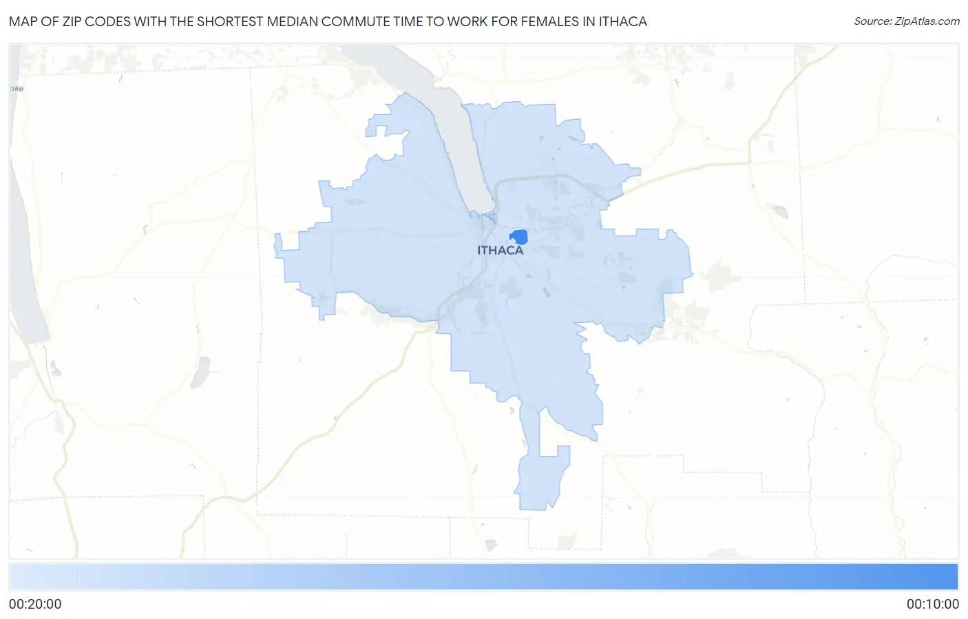 Zip Codes with the Shortest Median Commute Time to Work for Females in Ithaca Map